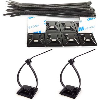 150mm Nylon Cable Ties UV Resistant and Cable Holders Self-Adhesive Pack of 100 - Base Holder 20 x 20 mm